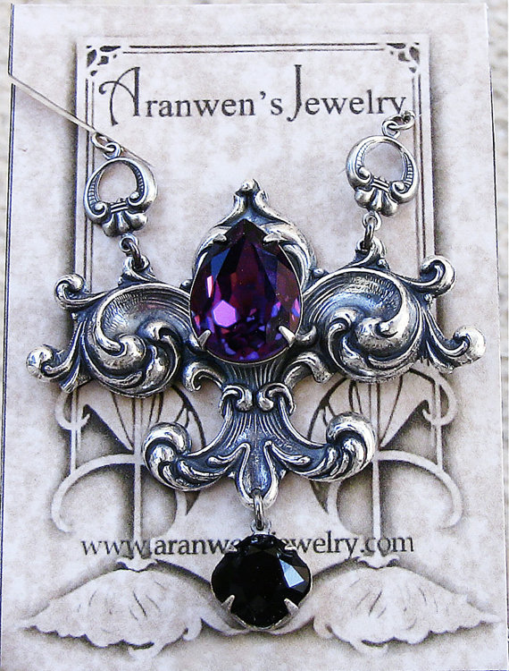 Gothic Necklace Black Green Silver Swarovski crystal drop Victorian Jewelry