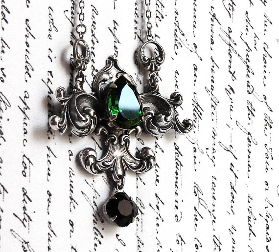 Gothic Necklace Black Green Silver Swarovski crystal drop Victorian Jewelry