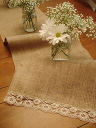 sew lace to burlap to make rustic yet pretty table decorations. Love this! ... @Brittany Snyder