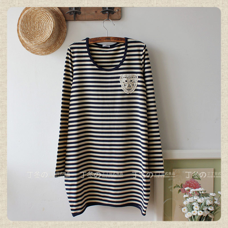 秋装日单森林系文艺范宽松长袖条纹T恤裙连衣裙女装
