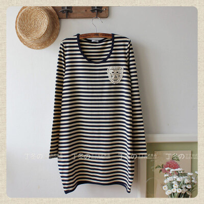 秋装日单森林系文艺范宽松长袖条纹T恤裙连衣裙女装