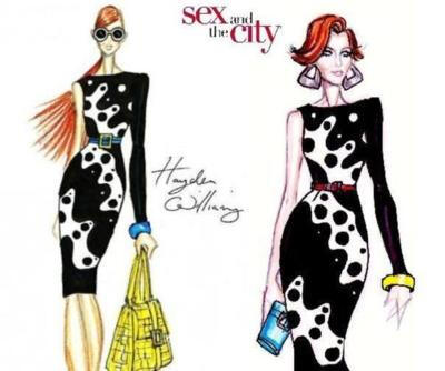 Miranda from SATC wears Hayden Williams Sixties Op Art dress soon to be available for purchase at Velvet Brigade