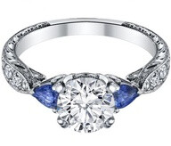 Diamond Engagement Ring Blue Sapphire Pear shape side stones Hand engraved White Gold band