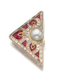 BULGARI Natural pearl, ruby and diamond brooch