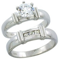 Sterling Silver 2-Piece Channel Set Princess Engagement Ring Set CZ Stones Rhodium finish