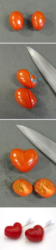 Heart Shaped Cherry/Grape Tomatoes. Use a toothpick to resemble cupid's arrow. Cute addition to a veggie tray!