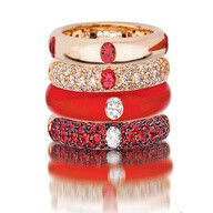 Adolfo Courrier Classic Lipstick 18 Karat Rose Gold, Enamel, Red Sapphire, & Diamond Stack Ring Set