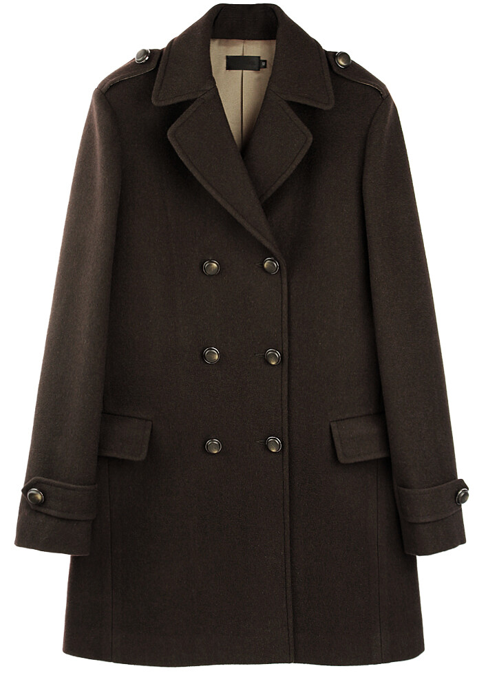 巧克力色经典双排扣厚款毛呢大衣气质羊毛外套
