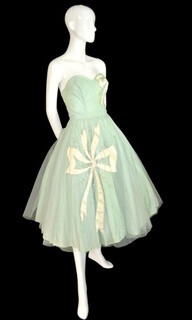 1950s vintage mint green tulle strapless party dress with beading and ivory silk bow appliques