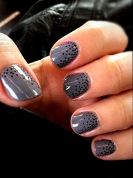 grey polka dot nails- using a toothpick dip the tip of the toothpick in black nail polish and dap it on to your nails. When they're dry you can then paint a clear top coat on them for some extra shine…