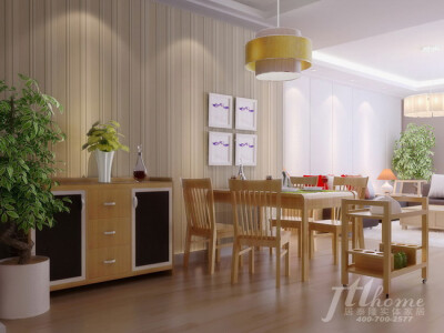 米黄竖条纹的壁纸极具现代感，衬托了温暖舒适的用餐气氛。