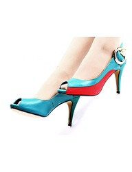 3 9/10" High Heel 2/5" Platform Red and Blue Color Blocking Sheepskin Peep Toe High Heels