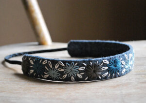 Blue Flowers Felt Headband - Slate Grey Felt with Blue Walnut Brown and Ivory Stitching