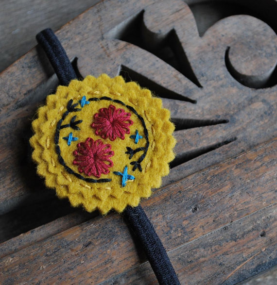 Hand Embroidered Headband Wool Felt in Mustard Yellow Scarlet Red and Turquoise by love maude