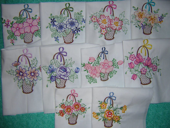 Machine Embroidered Filled in Gorgeous Baskets Quilt Blocks