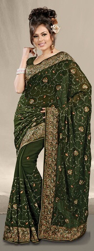 Dark Green Indian Designer Saree with Embroidery. That gorgeous...