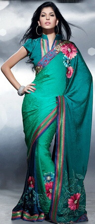 Extraordinary shaded green jacquard saree with blouse