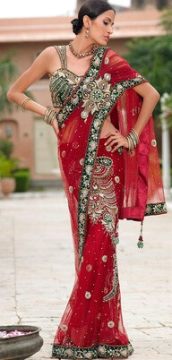 Brilliant red designer net saree