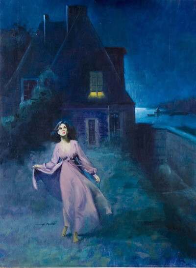 HARRY BARTON The nite (night) is blue, and daunting going by the look on her face. She's out at nite in bare feet. Appears to be looking to the heavens for an anser (answer) to something in her mind.