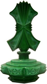 1930's Art Deco green malachite glass perfume bottle. Made in Czechoslovakia.