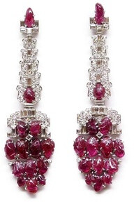 Pair of Art Deco diamond and carved ruby pendant earrings, c.1930 ,