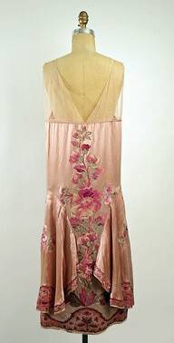 Embroidered pink silk satin evening dress with chiffon yoke (back), by Callot Soeurs, French, 1925-26.