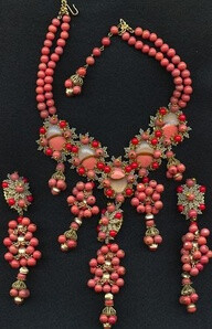 STANLEY HAGLER, NYC Coral Beads Pendant Necklace & Pendant Clip Earrings Set