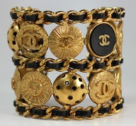 Vintage Signed Chanel Gold Double Cuff Button Bracelet w Black Leather 2 3 8" W