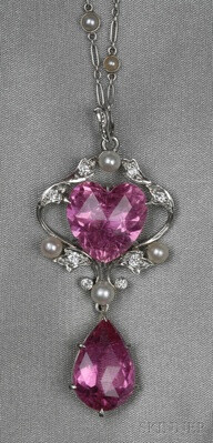 Edwardian Pink Tourmaline and Diamond Pendant, set with a faceted heart-shape pink tourmaline framed by old European-cut diamonds and pearls, suspending a conforming drop, joined to paperclip chain with bezel-set split pearl accents