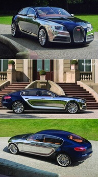 Bugatti 16C Galibier -- 4 door race car! Engine is a front-mounted, 8.0L, twin-turbocharged W16 engine that delivers power via permanent four wheel drive -- Comparable to the quad-turbocharged unit used in the Bugatti Veyron. Downside: Still only a concept car.