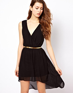 Image 1 of Glamorous Belted Dipped Hem Wrap Detail Dress