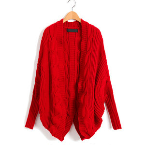 Red Cable Knit Cardigan With Batwing Sleeves