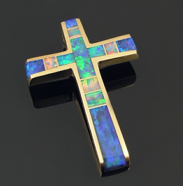 Australian opal inlay cross pendant in 14 karat gold