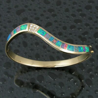 B601 Australian opal inlay diamond bracelet in 14k gold