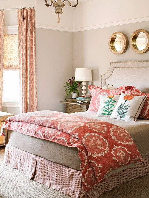 thepreppyyogini: Lovely French Country design bedroom with red accents….adore the port hole mirrors!