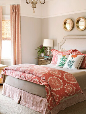 thepreppyyogini:  Lovely French Country design bedroom with red accents….adore the port hole mirrors!