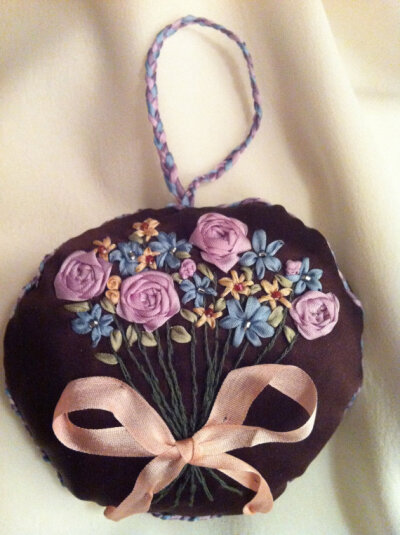 Embroidered Bouquet Lavender Sachet - Perfect Valentines Day Gift -Silk Ribbon Embroidery by BeanTown Embroidery