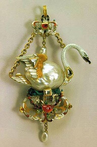 Swan Pendant, 1590s-Gold, enamel, pearl, diamonds, rubies