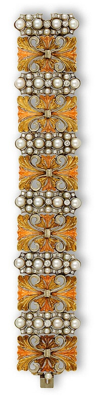 An eighteen karat tricolor gold, cultured pearl and diamond bracelet.