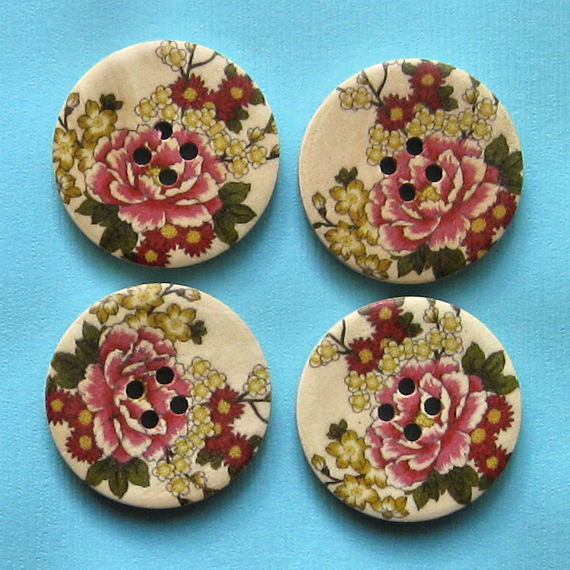 6 Large Wood Buttons Modern Peony Design 30mm B56