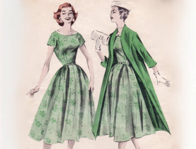 Vintage 1950s Sewing Pattern - Scoop Neck Dress with Full Skirt & Collarless Duster Coat - Butterick 8086, Bust 38