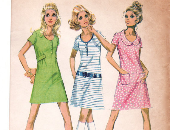 Vintage 1970 Sewing Pattern - Mod Scoop Neck Mini Dress with Short Sleeves, for Knit Fabrics - McCall's 2366, Bust 34, Uncut