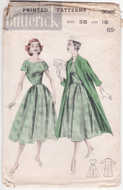 Vintage 1950s Sewing Pattern - Scoop Neck Dress with Full Skirt & Collarless Duster Coat - Butterick 8086, Bust 38