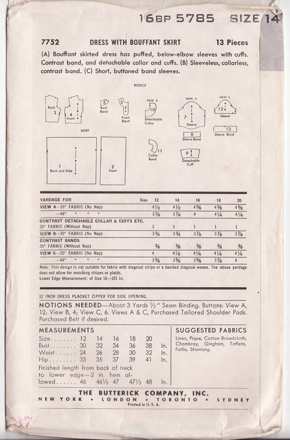 Vintage 1950s Sewing Pattern - Dress with Full Bouffant Skirt, Puff Sleeves, Detachable Collar & Cuffs - Butterick 7752, Bust 32, Uncut FF