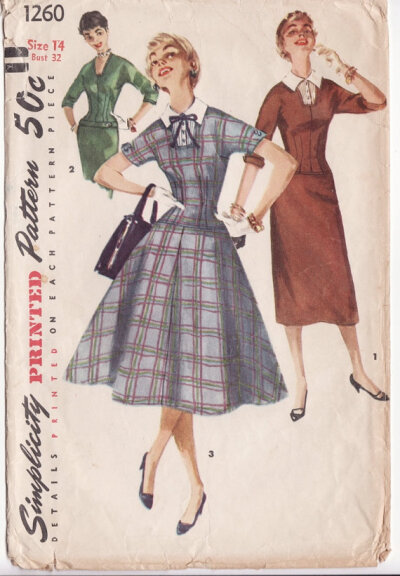 Vintage 50s Sewing Pattern - Long Line Fitted Drop Waist Dress, Square Neck, Slim or Flared Skirt, & Dickey - 1955 Simplicity 1260, Bust 32