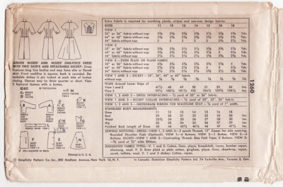 Vintage 50s Sewing Pattern - Long Line Fitted Drop Waist Dress, Square Neck, Slim or Flared Skirt, & Dickey - 1955 Simplicity 1260, Bust 32