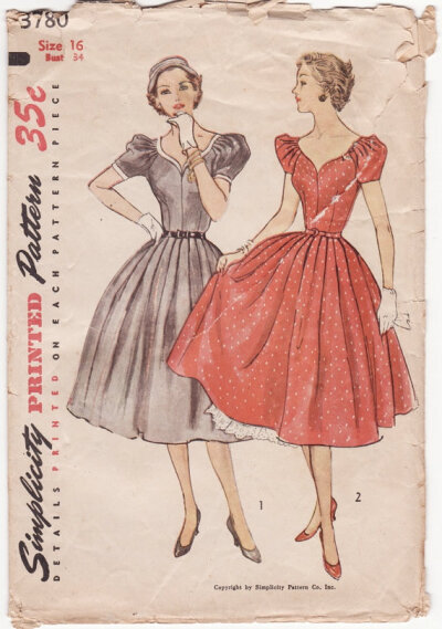 Vintage 50s Sewing Pattern - Sweetheart Neck Dress with Tuck Pleated Sleeves, Full Skirt, Peekaboo Petticoat - 1951 Simplicity 3780, Bust 34