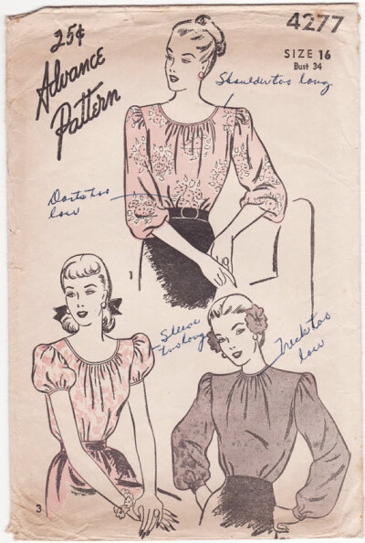 Vintage 1940s Sewing Pattern - Gathered Neck Peasant Blouse or High Neck Back-Buttoning Blouse with Balloon Sleeves - Advance 4277, Bust 34