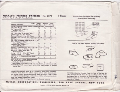 Vintage 1950s Sewing Pattern - Set of 3 Women's & Girls' Slippers, Genie and Pixie Styles - ORIGINAL 1959 McCall's 2378, Sz S-M-L 4.5-8.5