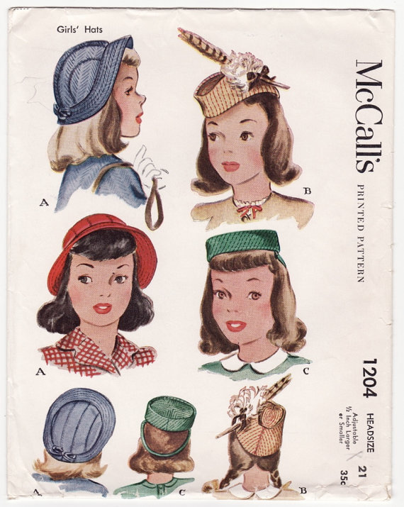 Vintage 1940s Sewing Pattern - Set of 3 Girls' Hats Including Pillbox & Scottish Glengarry Cap Styles - 1945 McCall's 1204, Head Size 21